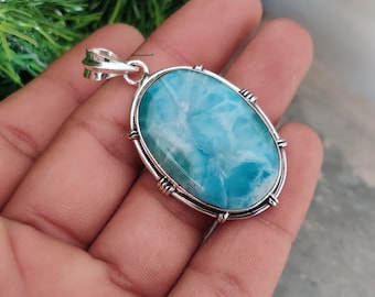 Top Quality Larimar Gemstone Pendant Oval Cabochon Stone Pendant,Big Size Pendant,Opaque Stone Pendant 925-Sterling Silver PendantCyber2023