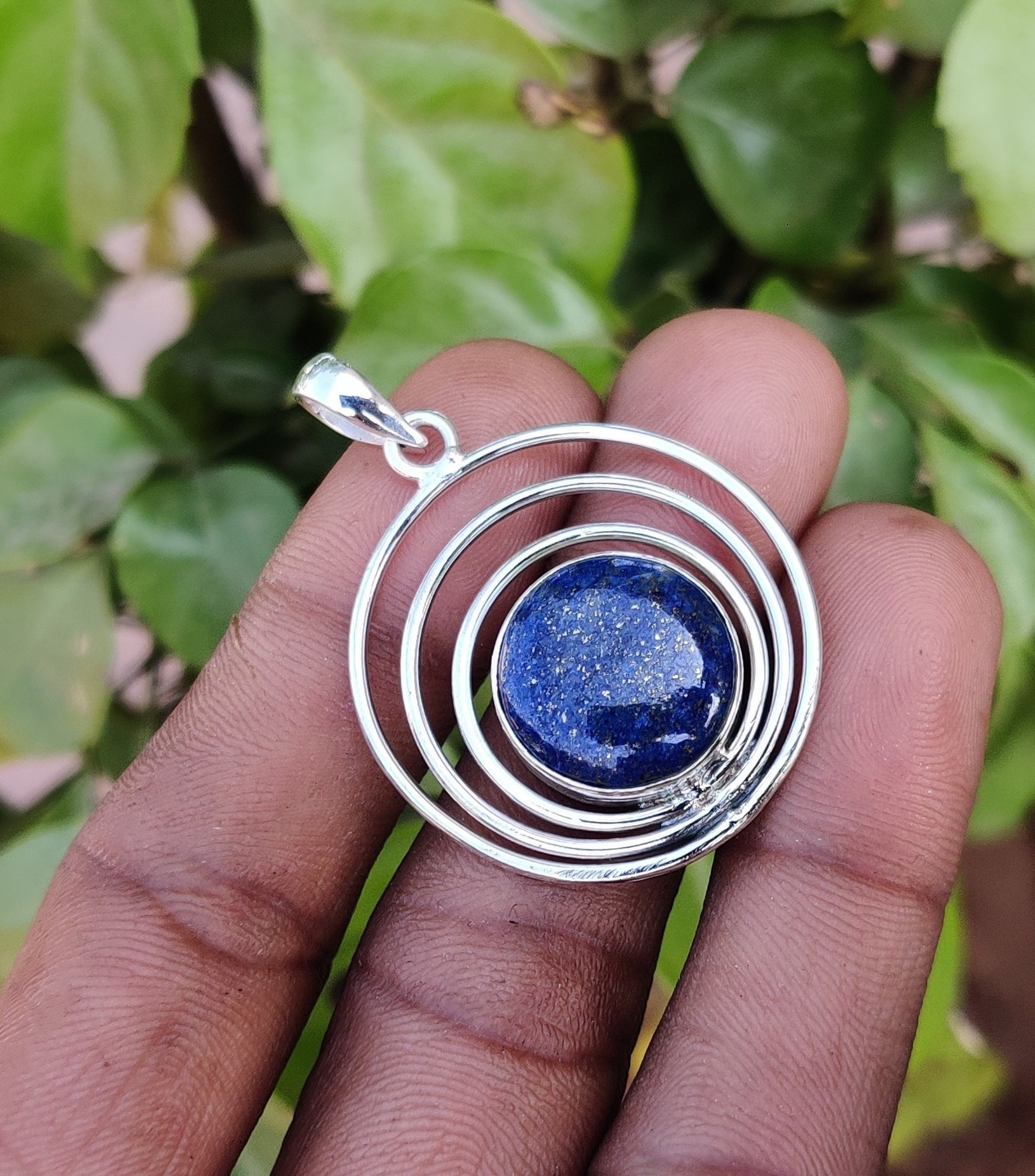 Pendentif En Argent 925 Fait Main - Pyrite Et Lapis-Lazuli - Longueur 2,75 Pouces - Modèle Unique #P08051