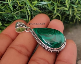 Genuine Natural Malachite Pendant , Handmade Pendant , 925 Sterling Silver Pendant ,Drop Malachite Pendant, Women Pendant,Birthstone pendent