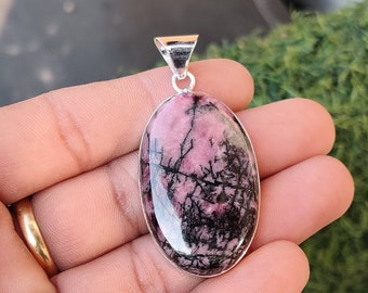 Handmade Rhodonite Cabochon Pendant: 925 Sterling Silver