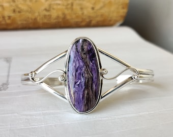 Adjustable Charoite Bangle: Vintage Style 925 Sterling Silver Jewelry