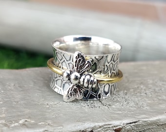 Anillo giratorio de plata con diseño de abeja, plata de ley 925, joyería para meditación, artículo de regalo estilo bohemio.