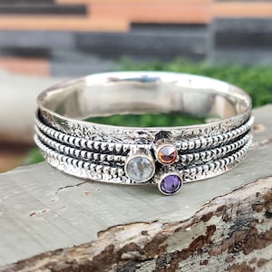 Mondstein Armreif, drei Edelstein Armreif, Spinner Armreif, Boho Armreif, 925 Sterling Silber, Amethyst Armreif, schöner Armreif, Geschenkartikel