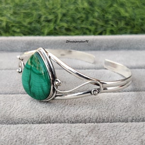 Malachite Bangle. Green Stone 925 Sterling Silver, Statement bangle, Cuff Bangle. Adjustable Filigree, Artisan Bracelet, gift for mother image 2