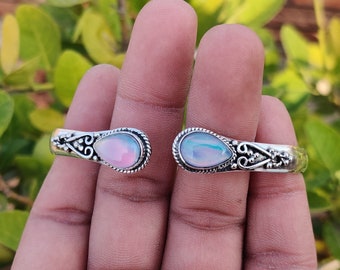 Brazalete de puño de plata de ópalo, puño de piedra preciosa de plata 925, pulsera de muñeca para mujeres y niñas, ópalo de aurora del cielo, brazalete de ópalo de pera de puños abribles