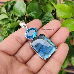 925 Sterling Silver Labradorite & Blue Topaz Gemstone Pendant Handmade Item