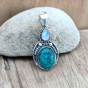 Tibetan Turquoise & Moonstone Pendant Handmade Gemstone Pendant Sterling Silver Jewelry , 925 Sterling Silver Gift For He Pendent For Women