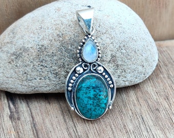 Tibetan Turquoise & Moonstone Pendant Handmade Gemstone Pendant Sterling Silver Jewelry , 925 Sterling Silver Gift For He Pendent For Women