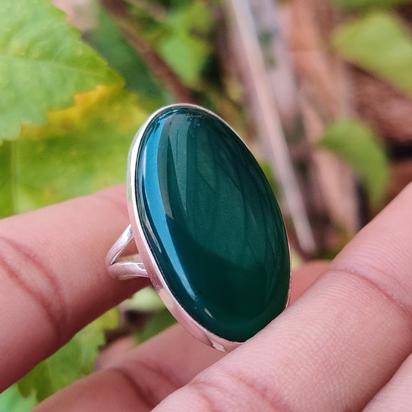 Bague en onyx vert naturel, argent sterling 925, bague avec pierres précieuses faites main, bague de cocktail, bague tendance, bague en onyx vert de forme ovale, article cadeau