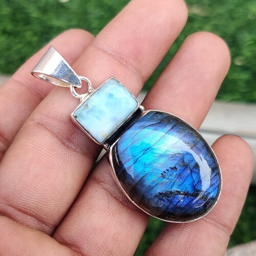 Mooie labradoriet en larimar edelsteenhanger 925 sterlingzilver unieke hanger