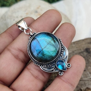 Sterling silver 925 cabochon pendent labradorite & Blue Topaz stone pendent silver jewelry handmade in India occasions  festivals jewelry