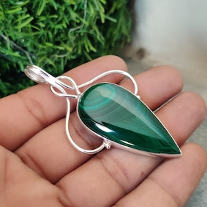 Malachite Natural Gemstone Silver Necklace Pendant For Women, Solid 925 Sterling Silver Women Jewelry Bridal Wedding Jewelry Gift For Her