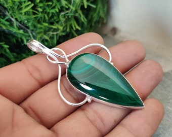 Malachite Natural Gemstone Silver Necklace Pendant For Women, Solid 925 Sterling Silver Women Jewelry Bridal Wedding Jewelry Gift For Her