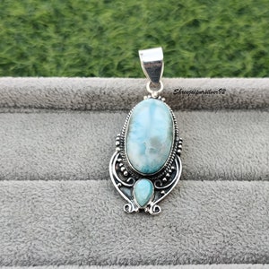 AAA Larimar pendant , 925 sterling Silver Clasp , Larimar Minimalistic Handmade Jewelry ,Authentic Dominican larimar ,Oval Two Stone pendant