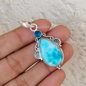 Blue Larimar Gemstone Pendant 925 Sterling Silver Designer Necklace