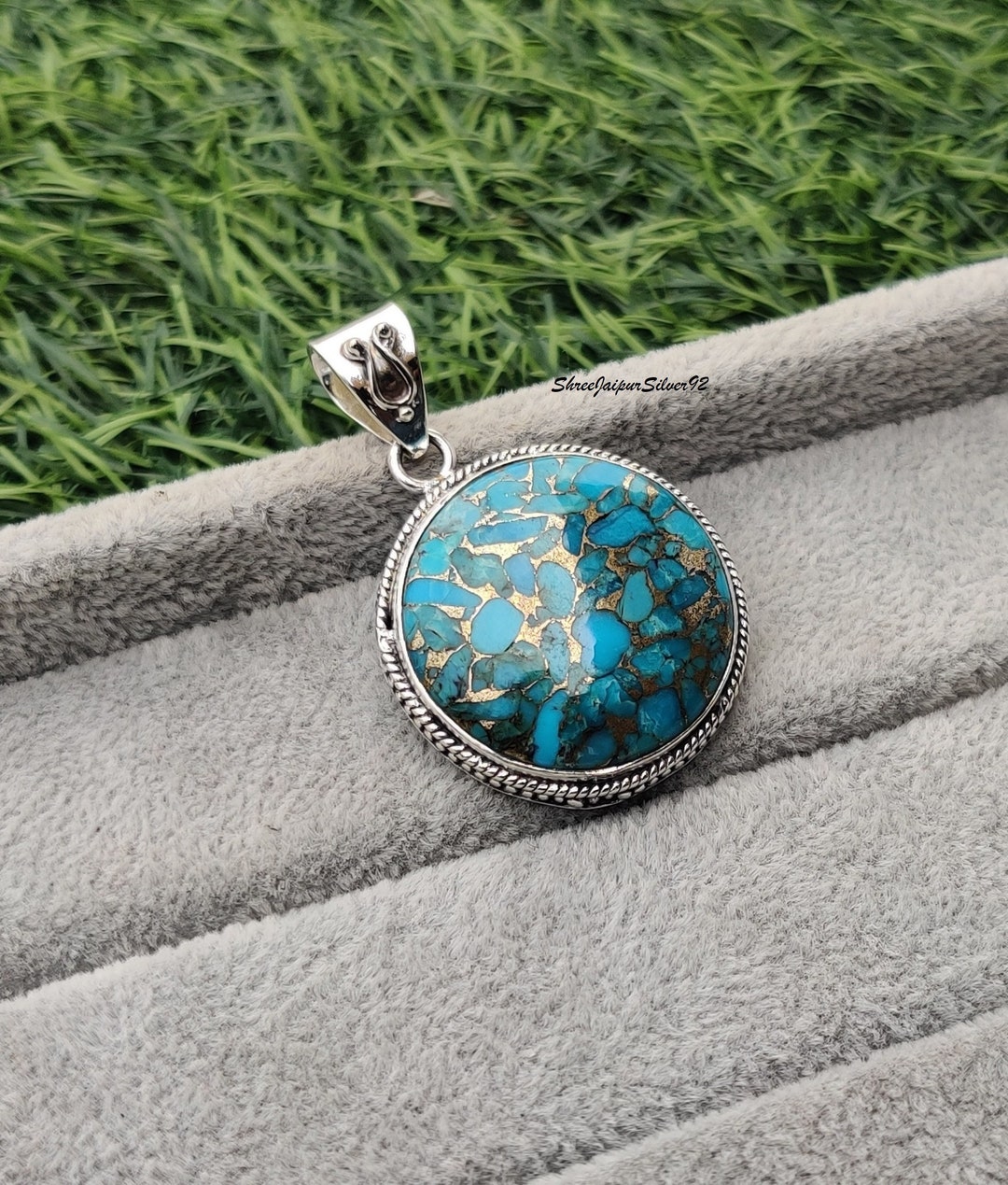 Bellissimo ciondolo in argento sterling 925 con pietra preziosa turchese blu rame - Italia Bellissimo ciondolo in argento sterling 925 con pietra preziosa turchese blu rame - Italia
