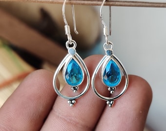 Pendientes de topacio azul en forma de lágrima, plata de ley 925, diseño de pendientes