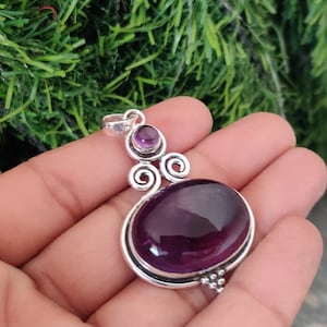 Natural Purple Amethyst Solid 925 Sterling Silver Necklace Pendant For Women, Handmade Engraved Oval Silver Pendant For Wedding Anniversary