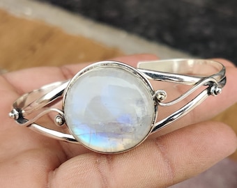 Rainbow Moonstone Bracelet: 925 Sterling Silver Boho Cuff Bangle