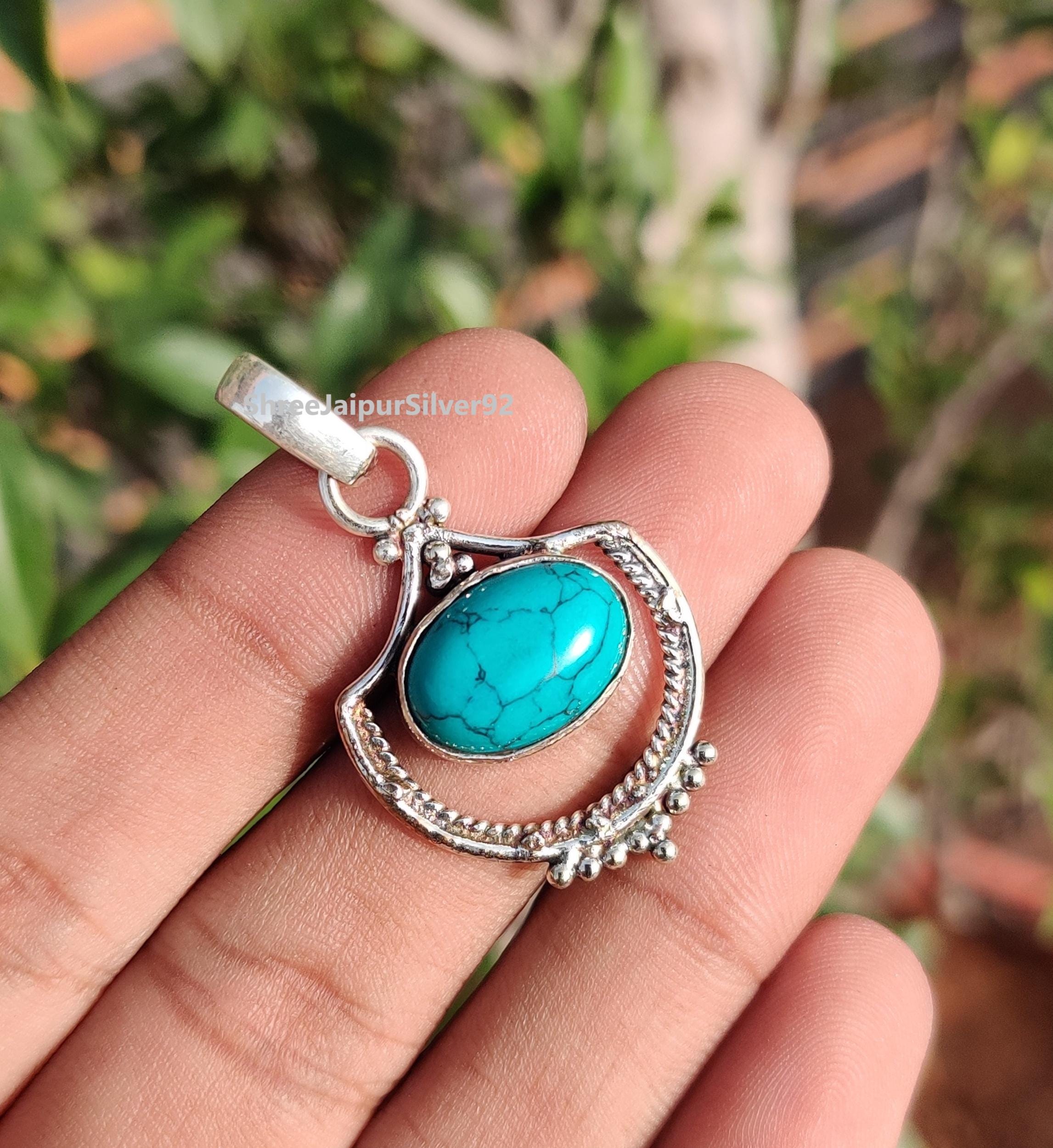 Natural Turquoise Pendant: Solid 925 Sterling Silver Necklace