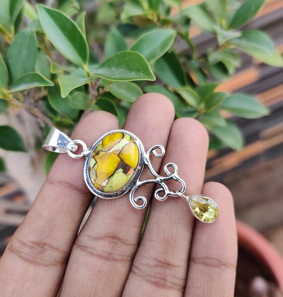Yellow Honey Dahlia Turquoise Pendent, 925 Sterling Silver