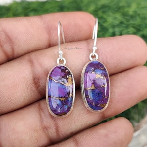 925 Sterling Silver Purple Copper Turquoise Earring, Oval Shape Designer Earring, Gemstone Earring For Women, Christmas Gift Her Birthstone