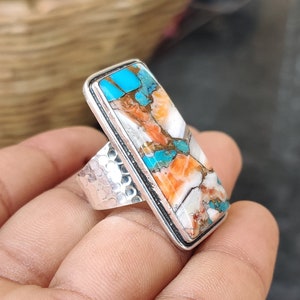 Oyster Copper Turquoise Rectangle Shape Gemstone Silver Ring 925 ...