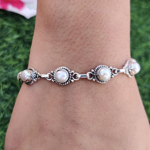 Freshwater Pearl Gemstone Bracelet 925 Sterling Silver Gift For Mother Bracelet