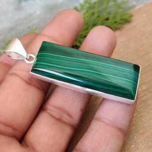Large Malachite Gemstone Pendant 925 Solid Sterling Silver Unique Pendant