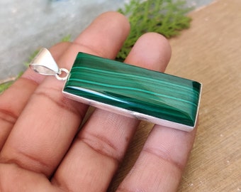 Large Malachite Gemstone Pendant 925 Solid Sterling Silver Unique Pendant