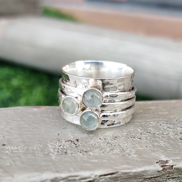 Three Stone Aquamarine Spinner Ring,925 Sterling Silver Ring,Handmade Silver Ring,Meditation Ring, Boho Ring, Beautiful Ring, Hammered Ring,