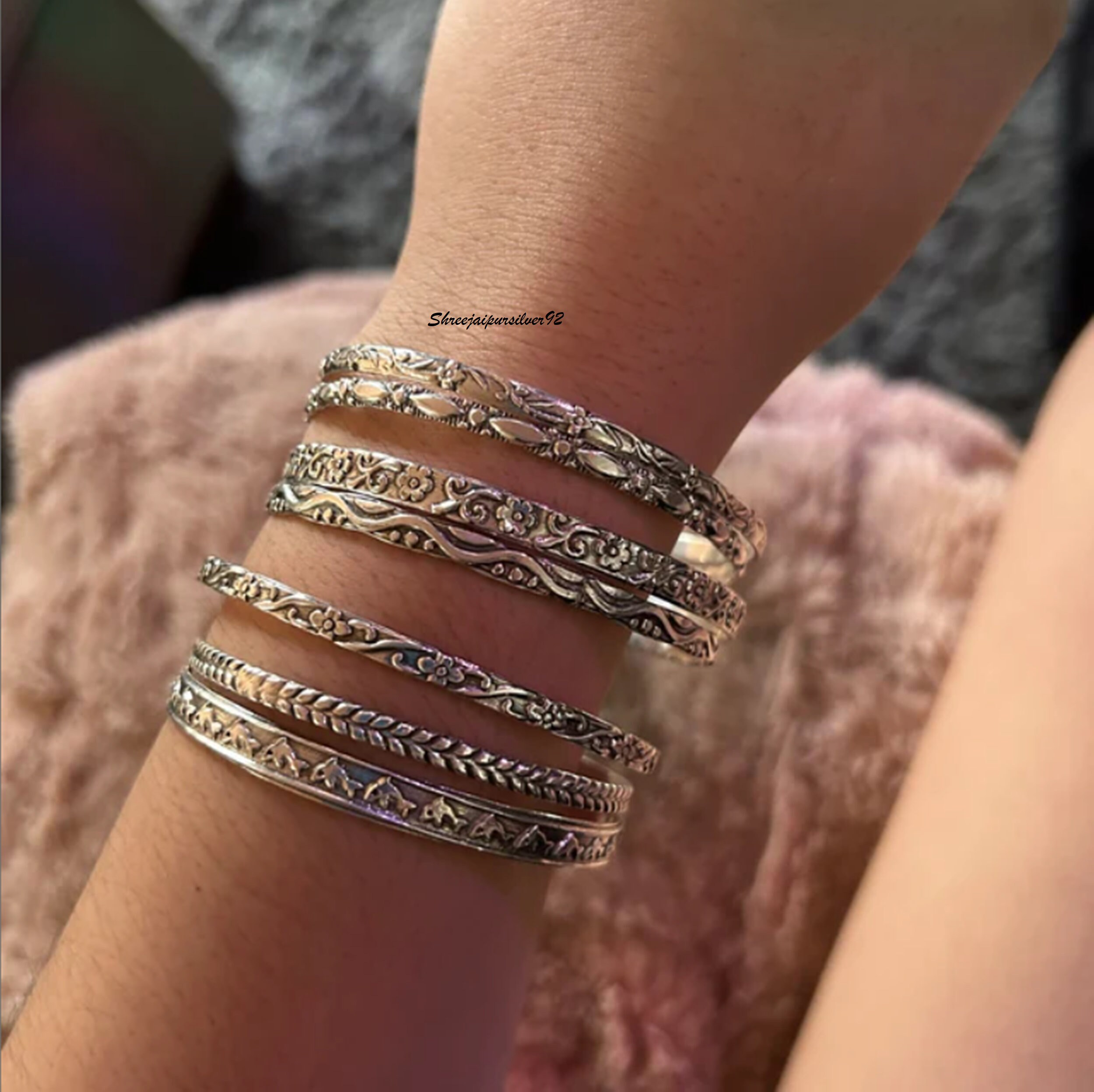 Bracciali In Argento Sterling 925 Set Di 7 Braccialetti Rigidi In Argento Sterling 925 - Fatti A Mano, Bellissimi, Colore Argento Bracciale Rigido