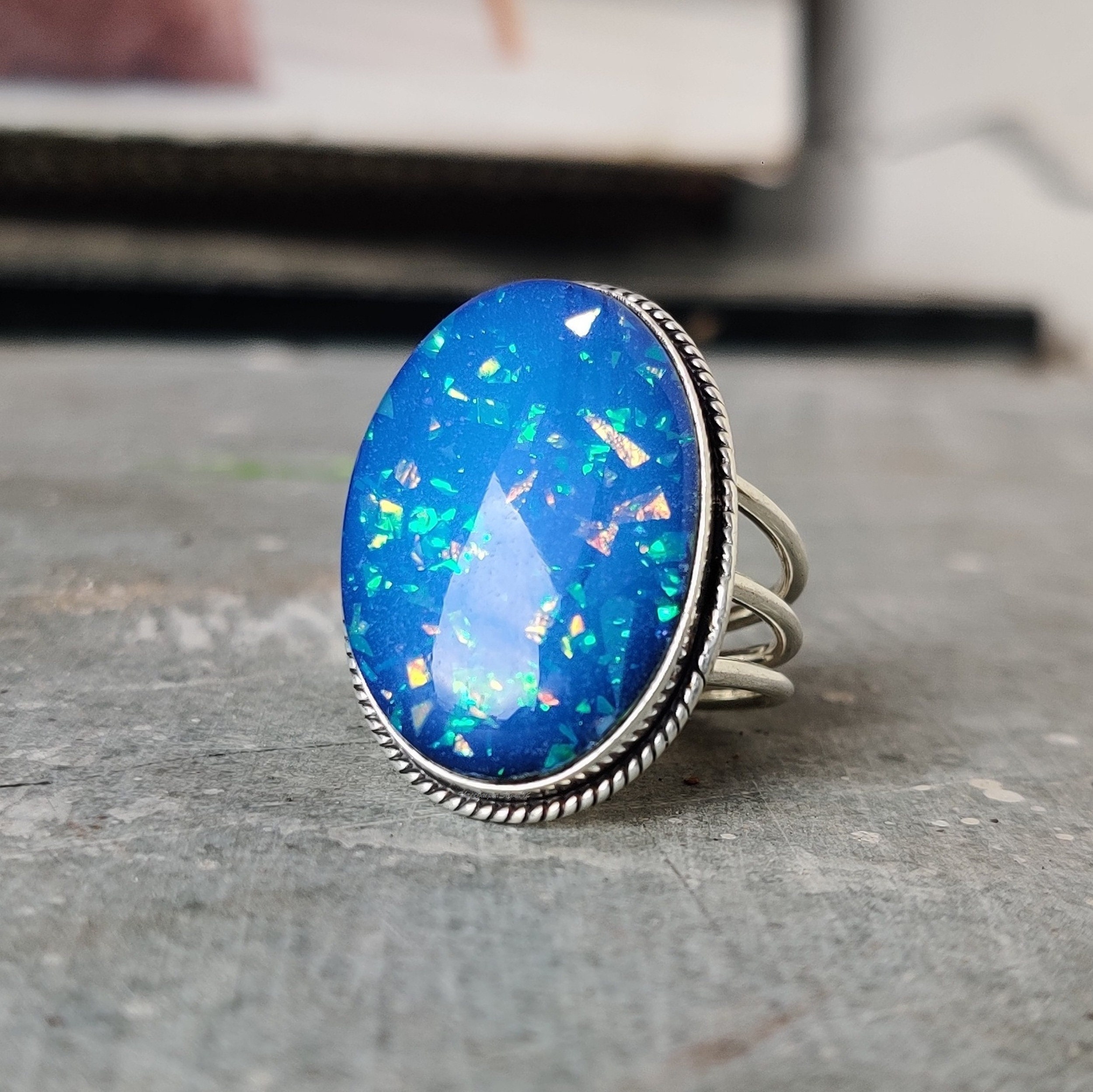 Australian Opal Ring, 925 Sterling Silver Flower Ring, Genuine