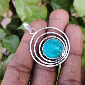 Turquoise Gemstone Pendant, Handmade Pendant, 925 Sterling Silver Jewelry, Round Shape, 925 Sterling Silver Pendant, Gift For Her,