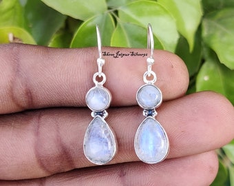 Boucles d'oreilles en pierre de lune naturelle, Boucle d'oreille en argent sterling 925, Boucles d'oreilles deux pierres, Boucle d'oreille en argent faite main, Boucles d'oreilles pendantes, Boucle d'oreille arc-en-ciel blanc