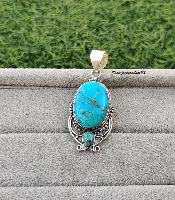 Natural Blue Mohave Turquoise Gemstone Pendant 925 Sterling Silver