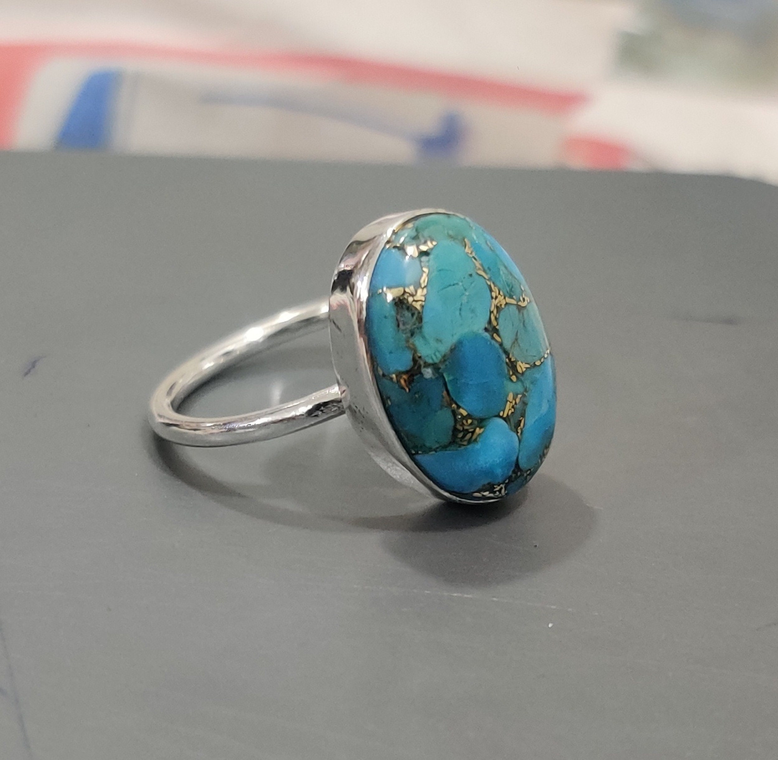 925 Sterling Silver Turquoise Oval Gemstone Ring, Designer