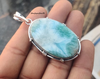 Natural Larimar Pendent , 925 Sterling Silver Pendant: Boho Gemstone Necklace