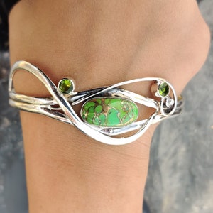 Brazalete turquesa de cobre verde, brazalete de plata 925, brazalete hecho a mano, brazalete de mujer, brazalete ajustable, brazalete de todos los días, joyería de pulsera de plata