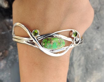 Brazalete turquesa de cobre verde, brazalete de plata 925, brazalete hecho a mano, brazalete de mujer, brazalete ajustable, brazalete de todos los días, joyería de pulsera de plata