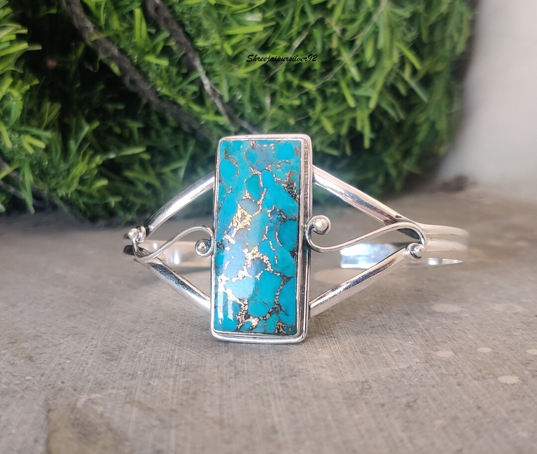 Oyster Copper Turquoise Bangle, 925 Sterling Silver Bangle