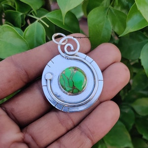 Green Copper Turquoise Pendant, 925 Sterling Silver Pendant, Designer Round Pendant, Bar Stone Pendant, Handmade Pendant, Christmas Gift