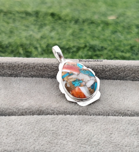 Oyster Copper Turquoise Gemstone Pendant 925 Sterling Silver Teardrop Gemstone