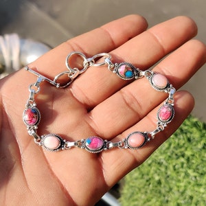 Bracciale regolabile a forma ovale in argento sterling 925 con pietra di luna arcobaleno naturale, gioielli con pietre preziose, braccialetto tennis, regalo per lei, regalo per amore Pink Copper Turquise