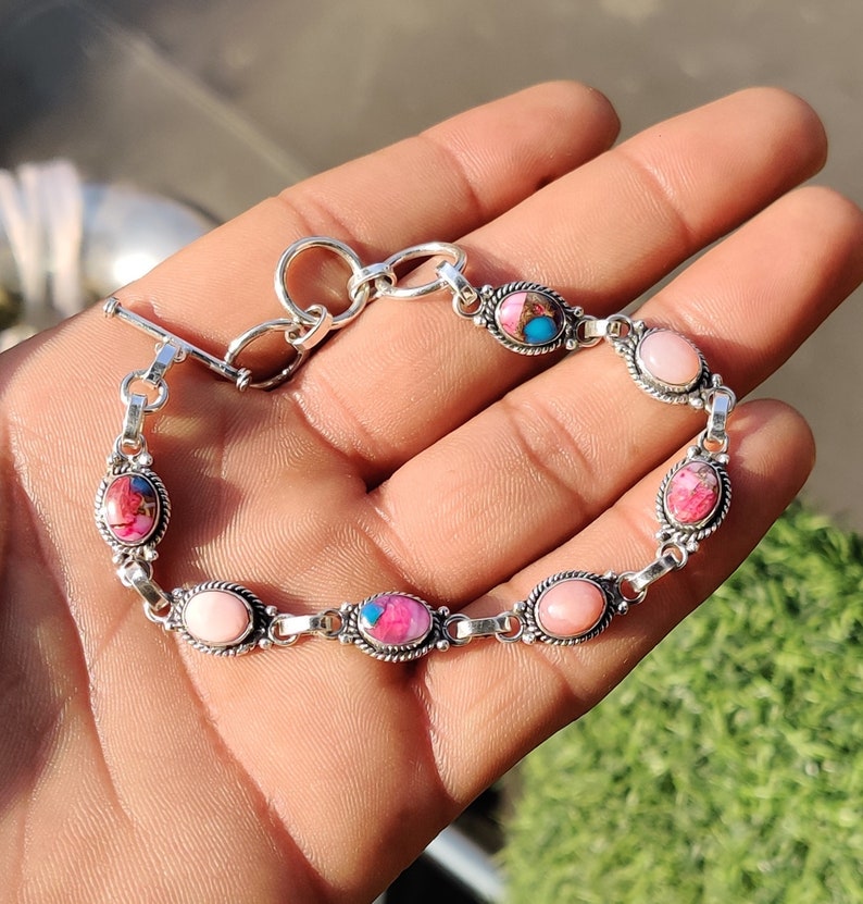 Bracciale regolabile a forma ovale in argento sterling 925 con pietra di luna arcobaleno naturale, gioielli con pietre preziose, braccialetto tennis, regalo per lei, regalo per amore Pink Copper Turquise