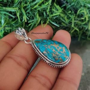 Blue Copper Turquoise Pendant, Boho Pendant, Handmade Pendant, 925 Sterling Silver, Pear Gemstone Pendant, Turquoise Pendant, Gift For Her