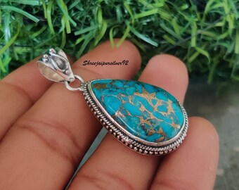 Handmade Blue Copper Turquoise Pendant: 925 Sterling Silver Boho Jewelry