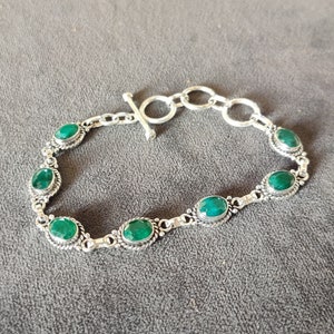 Natural Emerald Silver Bracelet-925Sterling Silver Bracelet-Oval Shape Stones Bracelet-Anniversary Bracelet jewelry-Christmas Gift Bracelet