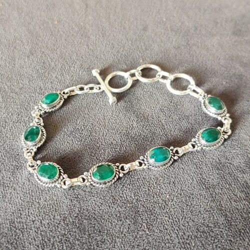Natural Emerald Sterling Silver Bracelet - Oval Gemstone Jewelry