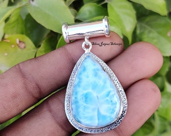 Natural Larimar Pendant, Sky Blue Gemstone Pendant, Handmade Pendant, 925 Sterling Silver Pendant, Anniversary Necklace, Pear Pendant